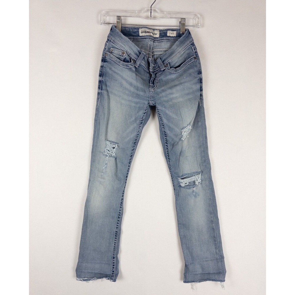 BKE Denim Jeans Sabrina Womens 24x26 Faded Lightwash Distressed Slim Embroidered